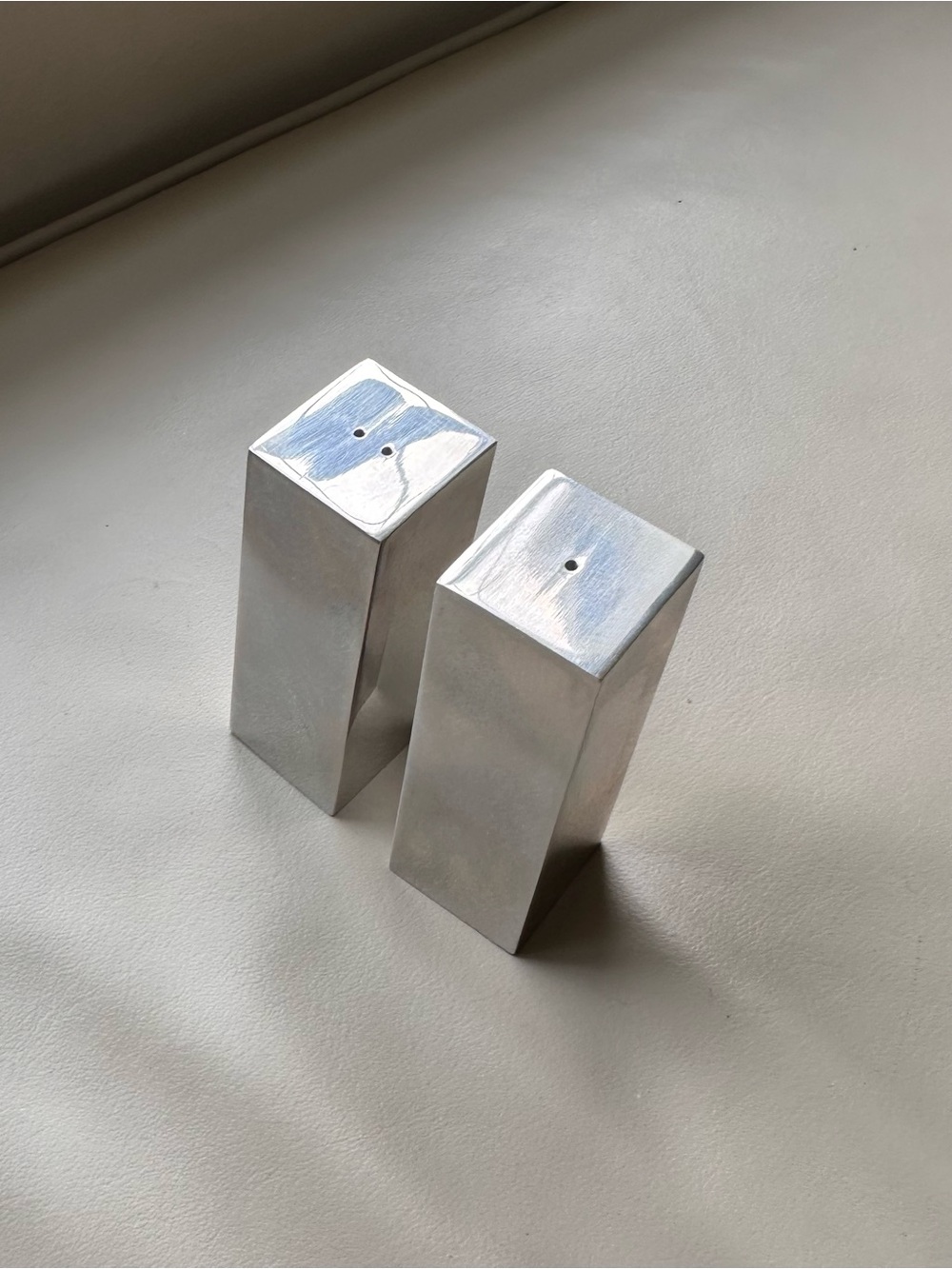 Vintage Umbra Stainless Steel Salt and Pepper Shakers - Modern Tilted Design